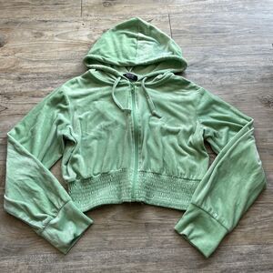 Jolie and Joy Y2K Hoodie Cropped Large Vintage Fuzzy Soft Lounge Green